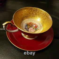 RARE Aynsley Cabbage Rose Teacup and Saucer-BURGUNDY RED-one of a kind