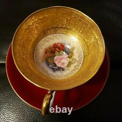 RARE Aynsley Cabbage Rose Teacup and Saucer-BURGUNDY RED-one of a kind