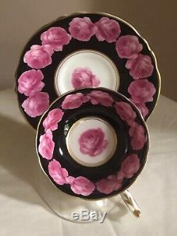 RARE Paragon Double Warrant Black Tea Cup Saucer Cabbage Rose