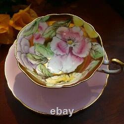 RARE Paragon Pink Teacup & Saucer Floating Three Pansies on Heavy Gold Bowl