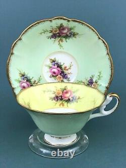 RARE VTG EB Foley Rose Floral on Green Yellow Gold Trim Flared Tea Cup & Saucer