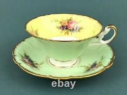 RARE VTG EB Foley Rose Floral on Green Yellow Gold Trim Flared Tea Cup & Saucer