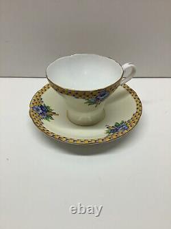 RARE Vintage Aynsley Corset tea cup & saucer yellow & blue check with blue flowers