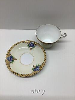 RARE Vintage Aynsley Corset tea cup & saucer yellow & blue check with blue flowers