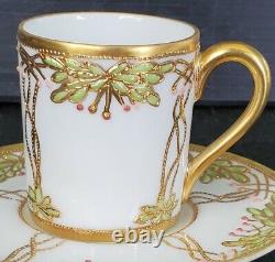 RC NIPPON Antique Hand Painted Demitasse Teacup & Saucer Set Heavy Gold Beaded