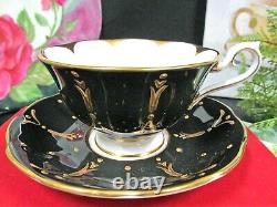 ROYAL ALBERT tea cup and saucer black and Raised gold gilt avon shape teacup 40s