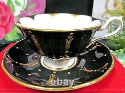 ROYAL ALBERT tea cup and saucer black and Raised gold gilt avon shape teacup 40s