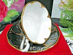 ROYAL ALBERT tea cup and saucer black and Raised gold gilt avon shape teacup 40s