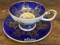 Rare AYNSLEY Tea Cup & Saucer Orchard Fruit # 2832 Cobalt Heavy Gilt Bone China