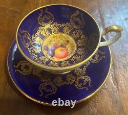 Rare AYNSLEY Tea Cup & Saucer Orchard Fruit # 2832 Cobalt Heavy Gilt Bone China
