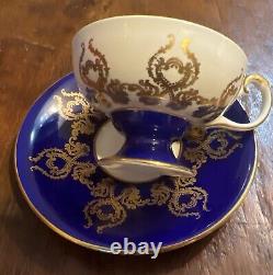 Rare AYNSLEY Tea Cup & Saucer Orchard Fruit # 2832 Cobalt Heavy Gilt Bone China