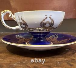 Rare AYNSLEY Tea Cup & Saucer Orchard Fruit # 2832 Cobalt Heavy Gilt Bone China