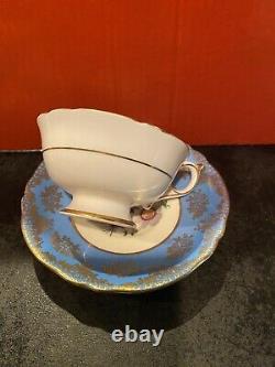 Rare Antique 1930s Paragon Turquoise Gold Rose Flower Tea Cup Saucer