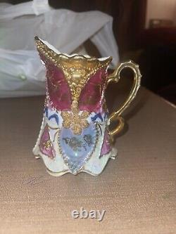 Rare Antique Gold Burgundy Raised Flowers Porcelain Germany Coffe tea Cup Cream