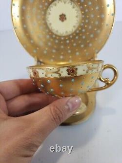 Rare Antique Gold Footed Tea Cup And Saucer Raized Turquoise Dots