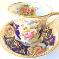 Rare Antique Longton English Hand Painted Cobalt Cup And Saucer Pink Roses Gold