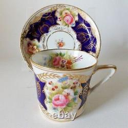 Rare Antique Longton English Hand Painted Cobalt Cup And Saucer Pink Roses Gold