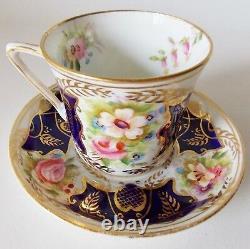 Rare Antique Longton English Hand Painted Cobalt Cup And Saucer Pink Roses Gold