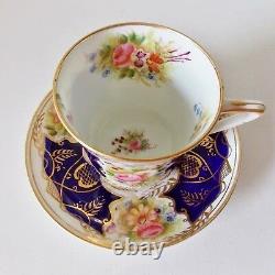 Rare Antique Longton English Hand Painted Cobalt Cup And Saucer Pink Roses Gold