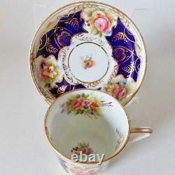 Rare Antique Longton English Hand Painted Cobalt Cup And Saucer Pink Roses Gold