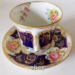 Rare Antique Longton English Hand Painted Cobalt Cup And Saucer Pink Roses Gold