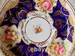 Rare Antique Longton English Hand Painted Cobalt Cup And Saucer Pink Roses Gold