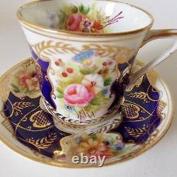 Rare Antique Longton English Hand Painted Cobalt Cup And Saucer Pink Roses Gold