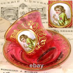 Rare Antique Moser Cranberry Glass Tea Cup & Saucer, Painted Portrait of Child