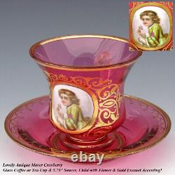 Rare Antique Moser Cranberry Glass Tea Cup & Saucer, Painted Portrait of Child