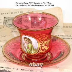 Rare Antique Moser Cranberry Glass Tea Cup & Saucer, Painted Portrait of Child