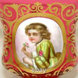 Rare Antique Moser Cranberry Glass Tea Cup & Saucer, Painted Portrait of Child