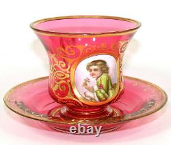 Rare Antique Moser Cranberry Glass Tea Cup & Saucer, Painted Portrait of Child