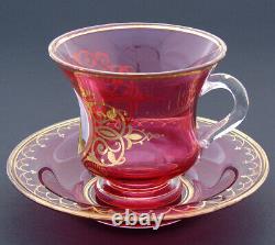 Rare Antique Moser Cranberry Glass Tea Cup & Saucer, Painted Portrait of Child