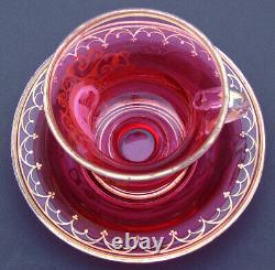 Rare Antique Moser Cranberry Glass Tea Cup & Saucer, Painted Portrait of Child