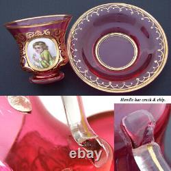 Rare Antique Moser Cranberry Glass Tea Cup & Saucer, Painted Portrait of Child