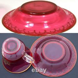 Rare Antique Moser Cranberry Glass Tea Cup & Saucer, Painted Portrait of Child