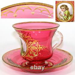 Rare Antique Moser Cranberry Glass Tea Cup & Saucer, Painted Portrait of Child