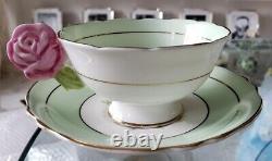 Rare Antique PARAGON Rose handle green Rose Flower cup and saucer Excellent