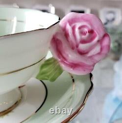 Rare Antique PARAGON Rose handle green Rose Flower cup and saucer Excellent