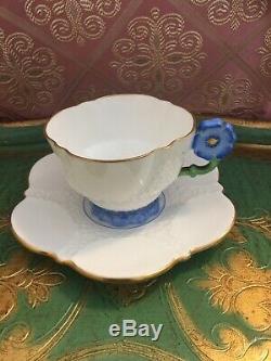 Rare Aynsley Blue Flower Handle Tea Cup And Saucer