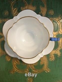 Rare Aynsley Blue Flower Handle Tea Cup And Saucer