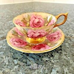 Rare Aynsley England Bone China Pink Cabbage Rose Footed Teacup and Saucer