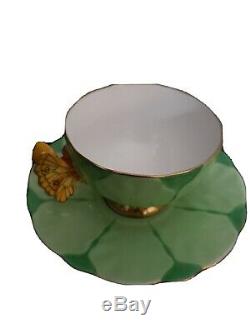 Rare! Aynsley Flower Design Butterfly Handle Cup And Saucer Set-green