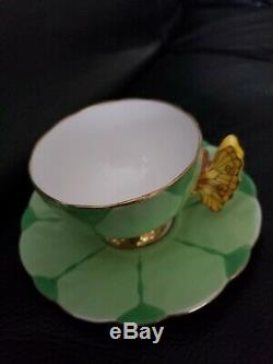 Rare! Aynsley Flower Design Butterfly Handle Cup And Saucer Set-green