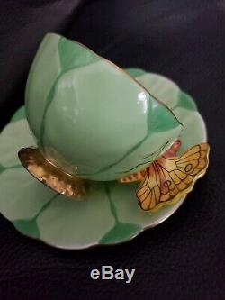 Rare! Aynsley Flower Design Butterfly Handle Cup And Saucer Set-green