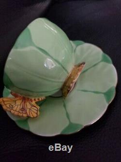 Rare! Aynsley Flower Design Butterfly Handle Cup And Saucer Set-green