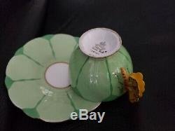 Rare! Aynsley Flower Design Butterfly Handle Cup And Saucer Set-green