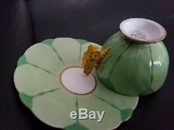 Rare! Aynsley Flower Design Butterfly Handle Cup And Saucer Set-green