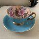 Rare Aynsley Pink Rose Light Blue Tea Cup & Saucer Made In England Hand Painted