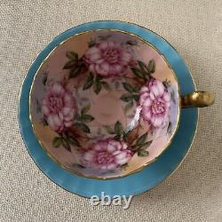 Rare Aynsley Pink Rose Light Blue Tea cup & saucer made in England Hand Painted